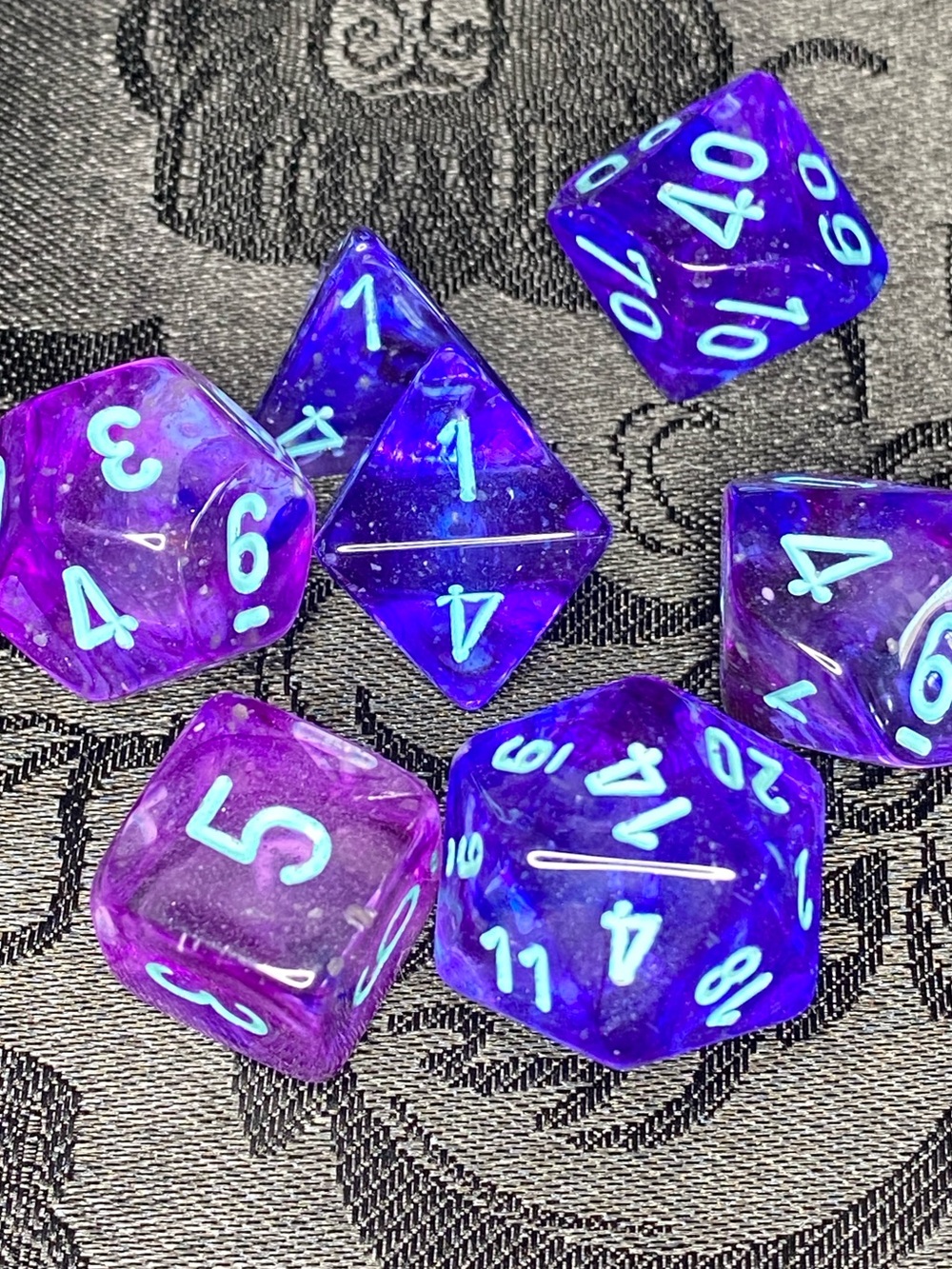 Vibrant Purple-Blue Resin RPG Dice Set with Aqua Numbers